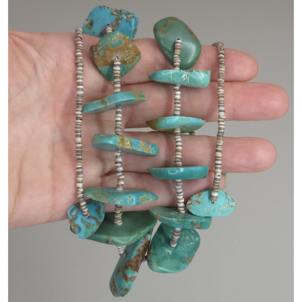 Santo Domingo Heishi Necklace Sterling Graduating Royston Turquoise Nugget 30" - Picture 10 of 16